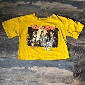 (S) Vintage Tom and Jerry Mustard Yellow Crop Top Tee Shirt